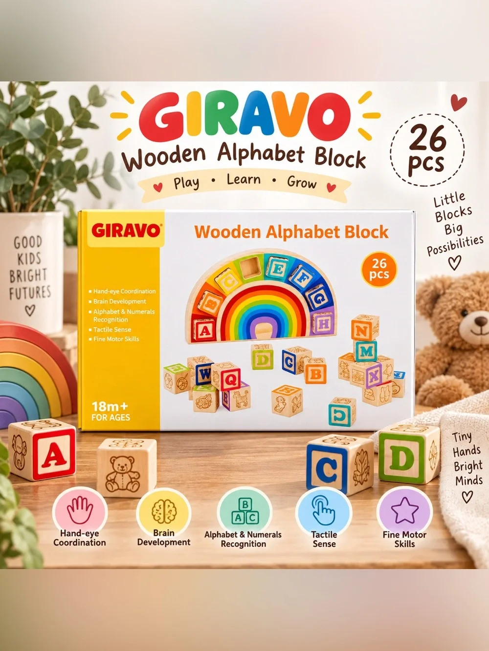 Giravo Rainbow Wooden Alphabet Blocks